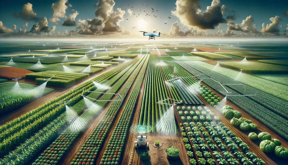 A vibrant agricultural landscape with precision irrigation systems, diverse crop rotations, and minimal chemical usage, showcasing the environmental benefits of AI in promoting sustainable farming practices