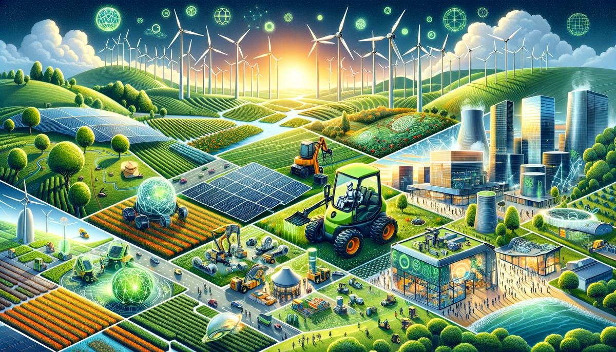 A montage of AI applications in sustainable practices, including renewable energy management, smart agriculture, and sustainable urban planning