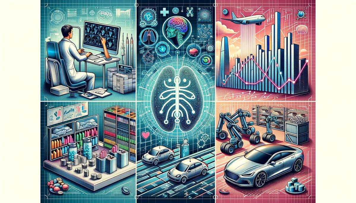 A collage showing AI applications in healthcare, finance, transportation, and retail