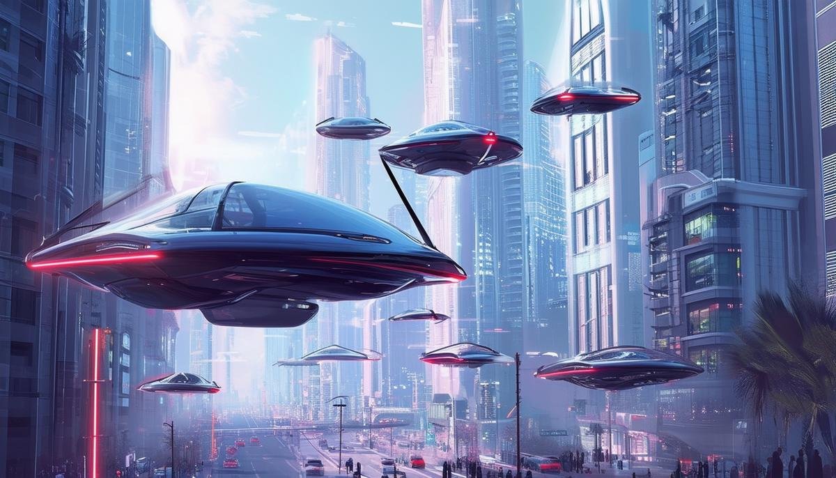 A futuristic illustration showcasing AI-powered self-flying vehicles seamlessly navigating an urban environment, representing the future potential of urban air mobility.