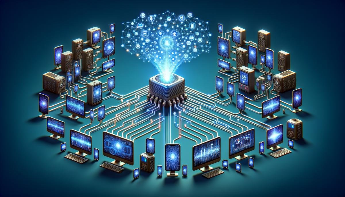 A visual representation of AI-powered video analytics with data streams flowing from multiple devices