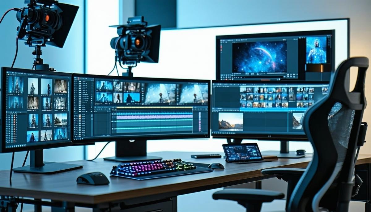 A modern video editing suite with AI assistants helping human editors