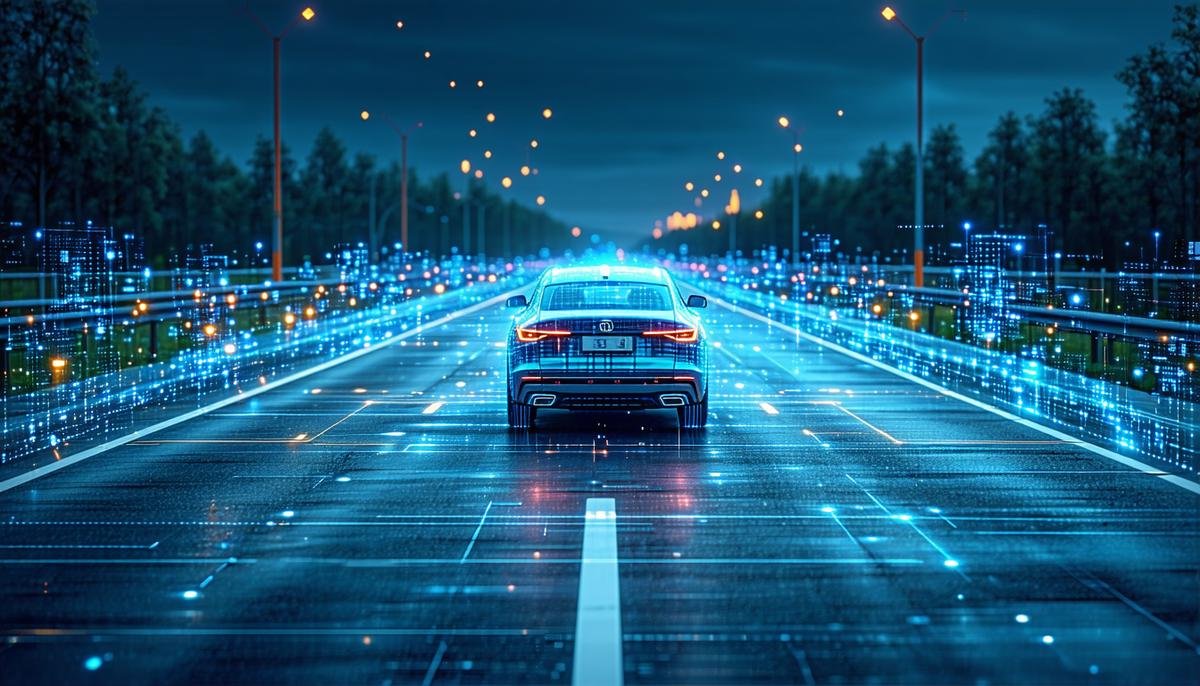 Visual representation of an autonomous vehicle's AI processing real-time road data