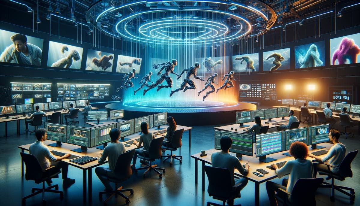 A high-tech visual effects studio with AI-driven motion capture and CGI systems in action