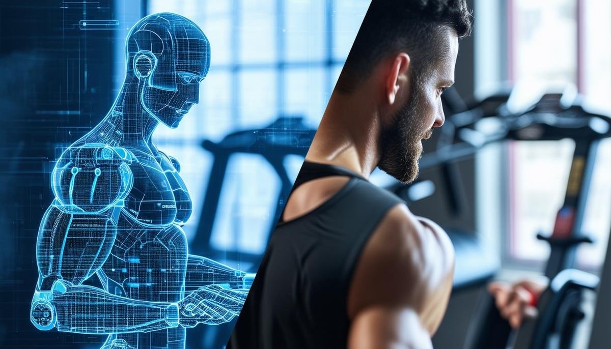 Split image comparing an AI trainer interface and a human personal trainer