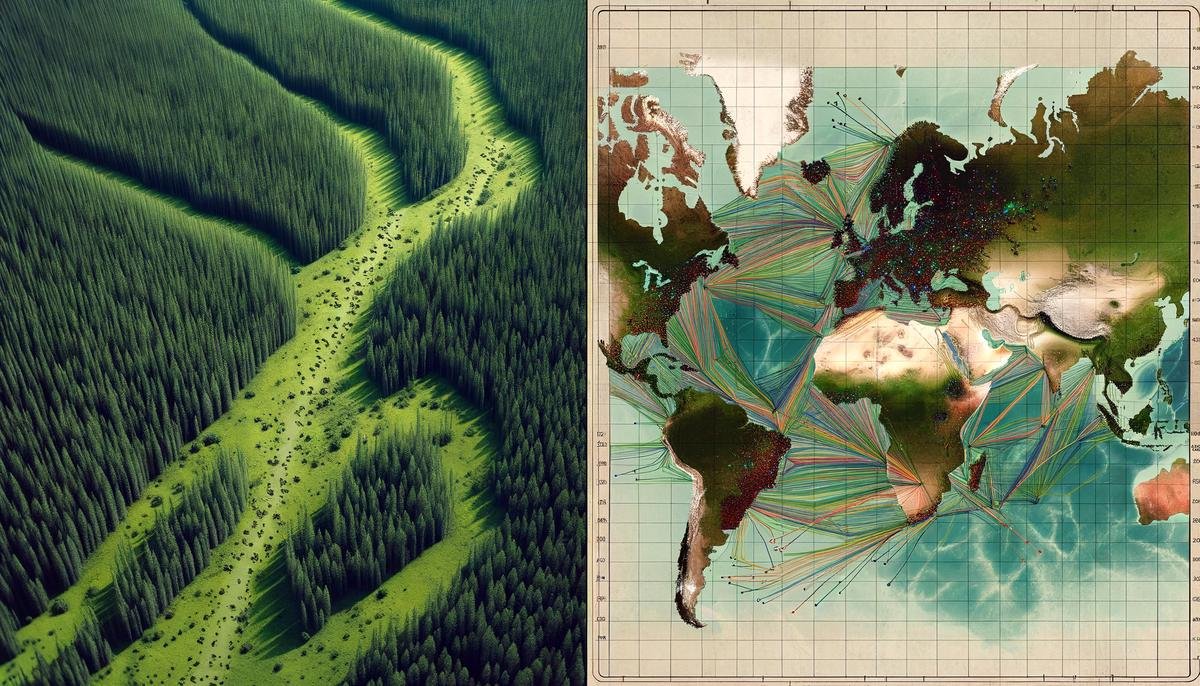 A split-screen image showing satellite imagery of a forest on one side and AI-analyzed animal migration patterns on the other, illustrating AI's role in environmental monitoring