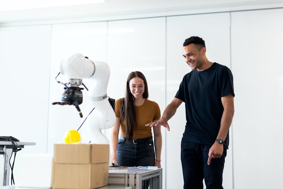 A futuristic workplace showing AI systems working alongside human employees