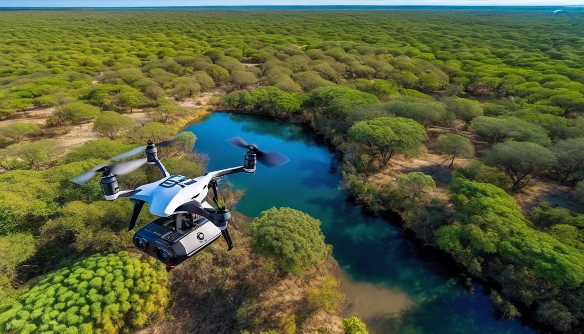 An image showing a drone equipped with AI technology flying over a natural habitat, monitoring wildlife and collecting data for conservation efforts.