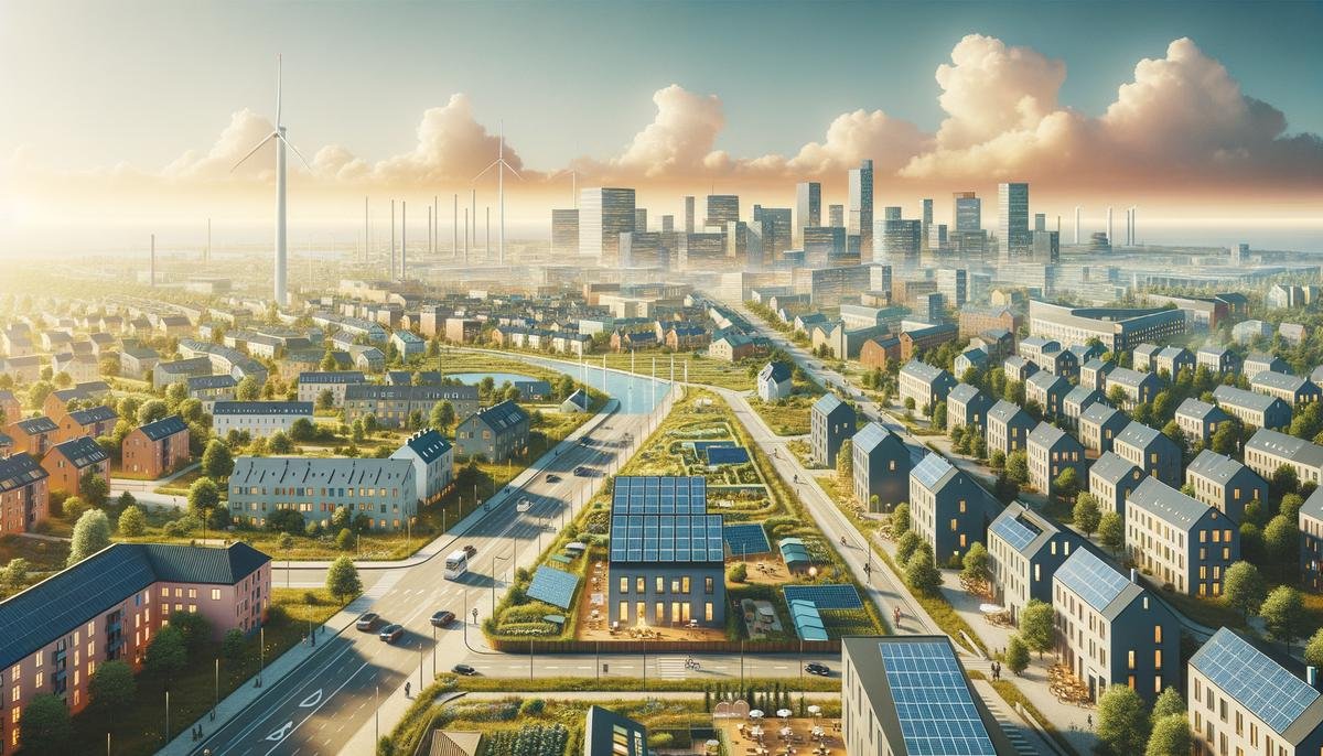 A photo illustration of the Copenhagen suburb Albertslund, highlighting its smart city initiatives focused on sustainability, such as energy-efficient buildings, solar panels, and green spaces.