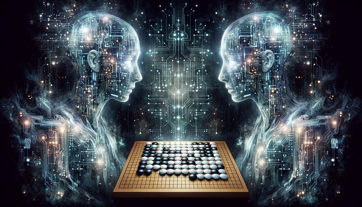 A stylized representation of AlphaGo Zero playing against itself