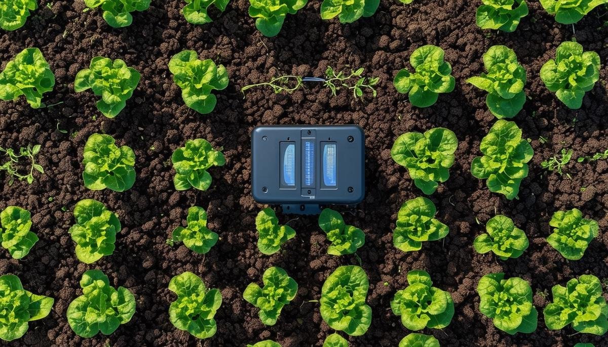 Overhead view of AquaSpy sensors in soil with crops growing above them.