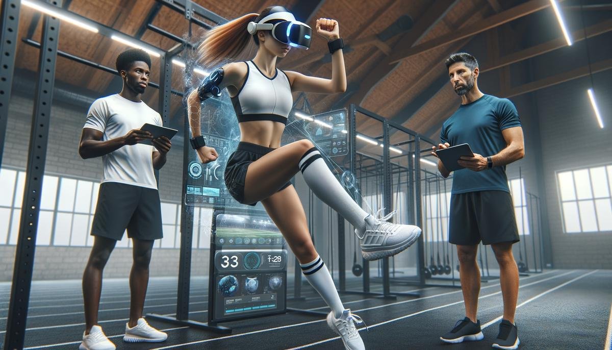 An athlete engaged in a VR training session using STRIVR's platform, with coaches observing nearby