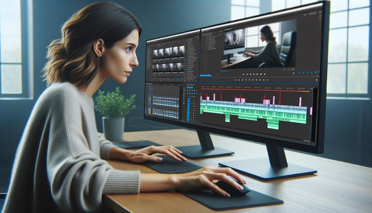 A video editor fine-tuning Auto Reframe results in Adobe Premiere Pro, with system requirements and optimization tips visible