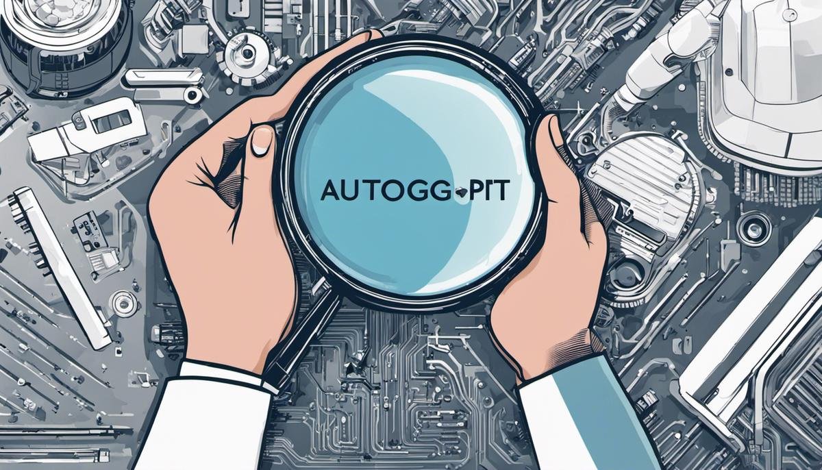 Illustration of hands holding a magnifying glass with the word AutoGPT written on it, representing the exploration of possibilities in machine learning and AI