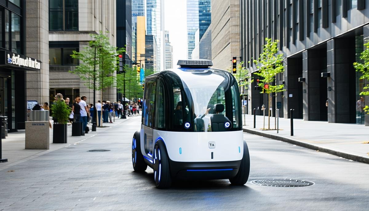 An autonomous taxi picking up passengers in an urban setting