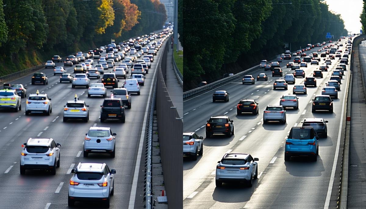 Split-screen image comparing traditional traffic with autonomous vehicle traffic, highlighting reduced congestion and emissions