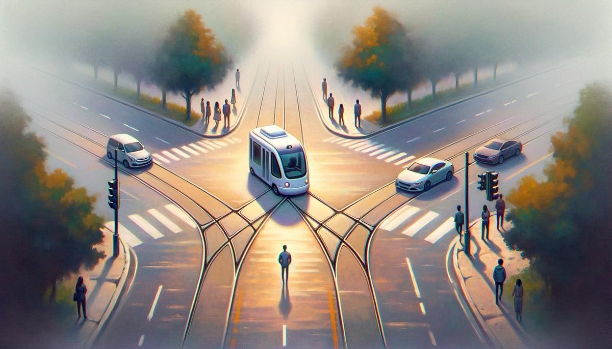 An illustration representing the Trolley Problem in the context of autonomous vehicles