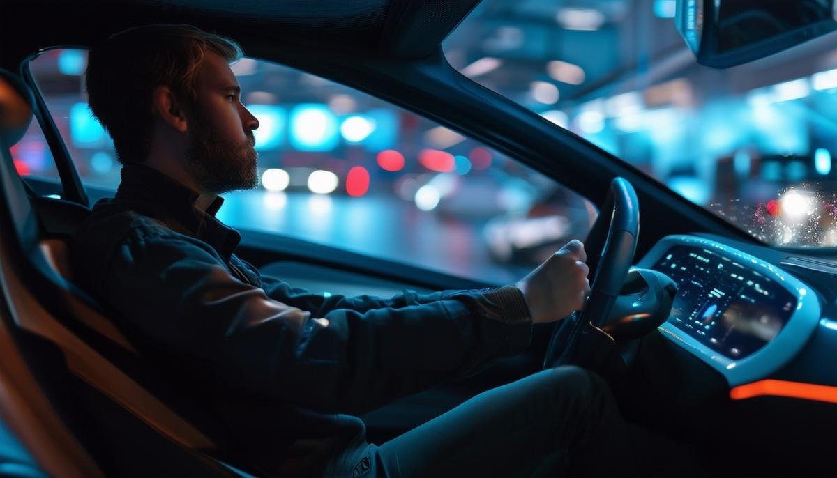 A person sitting in the driver's seat of an autonomous vehicle, ready to take control if needed