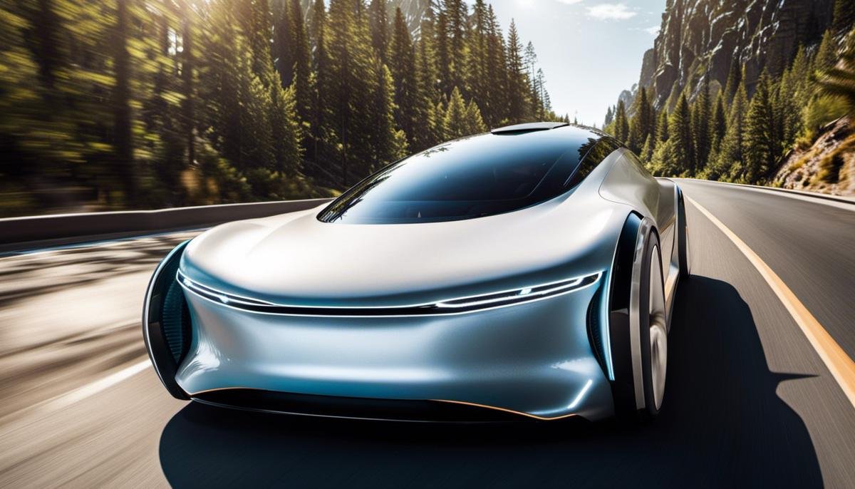 A futuristic and autonomous vehicle driving on the road showcasing the potential of the autonomous vehicles market.