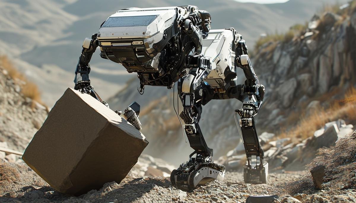 The early hydraulic version of the Boston Dynamics Atlas robot lifts a heavy object and traverses an intricate terrain, demonstrating its remarkable strength and mobility.