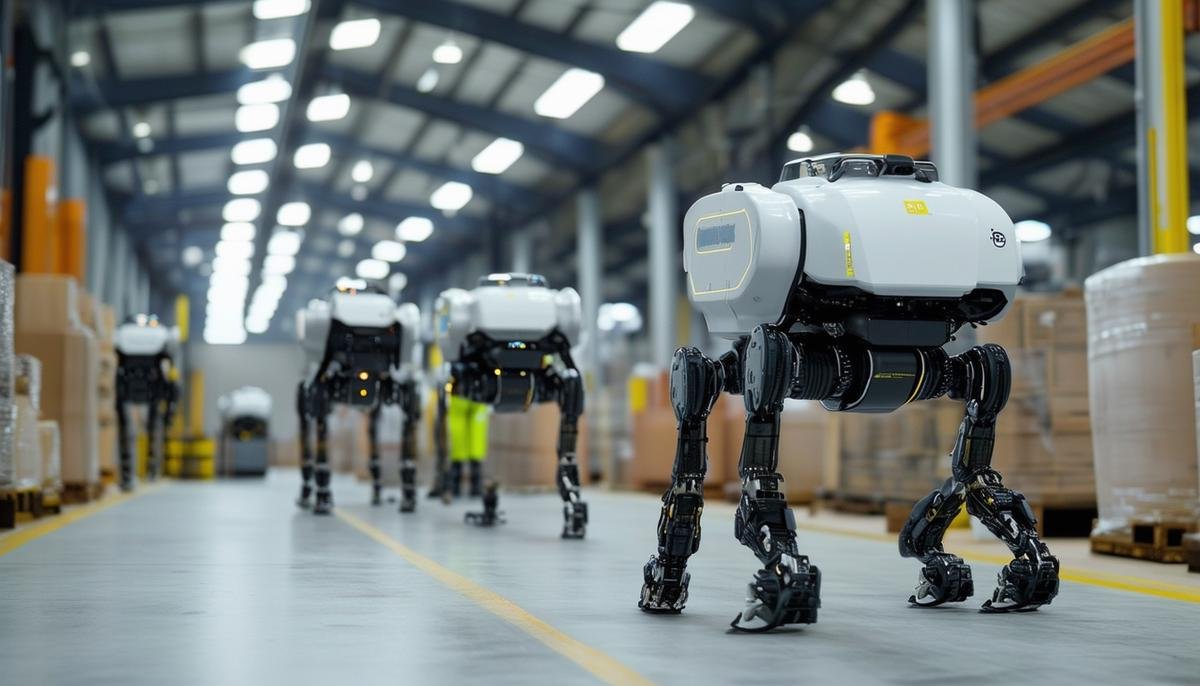 The Boston Dynamics Spot and Stretch robots work together in an industrial setting, with Spot traversing challenging terrains for inspections and Stretch handling material handling tasks efficiently.