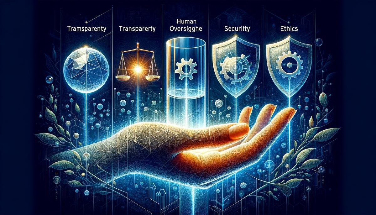 A visual representation of the importance of trust in AI, with elements symbolizing transparency, human oversight, security, and ethics in Ericsson's AI solutions.