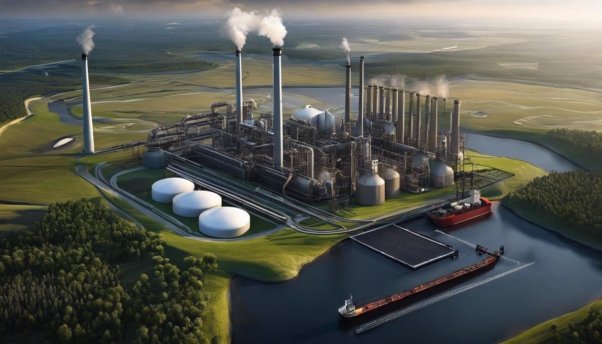 An image depicting the process of carbon capture and storage, showing industrial emissions being captured and stored to mitigate climate change.