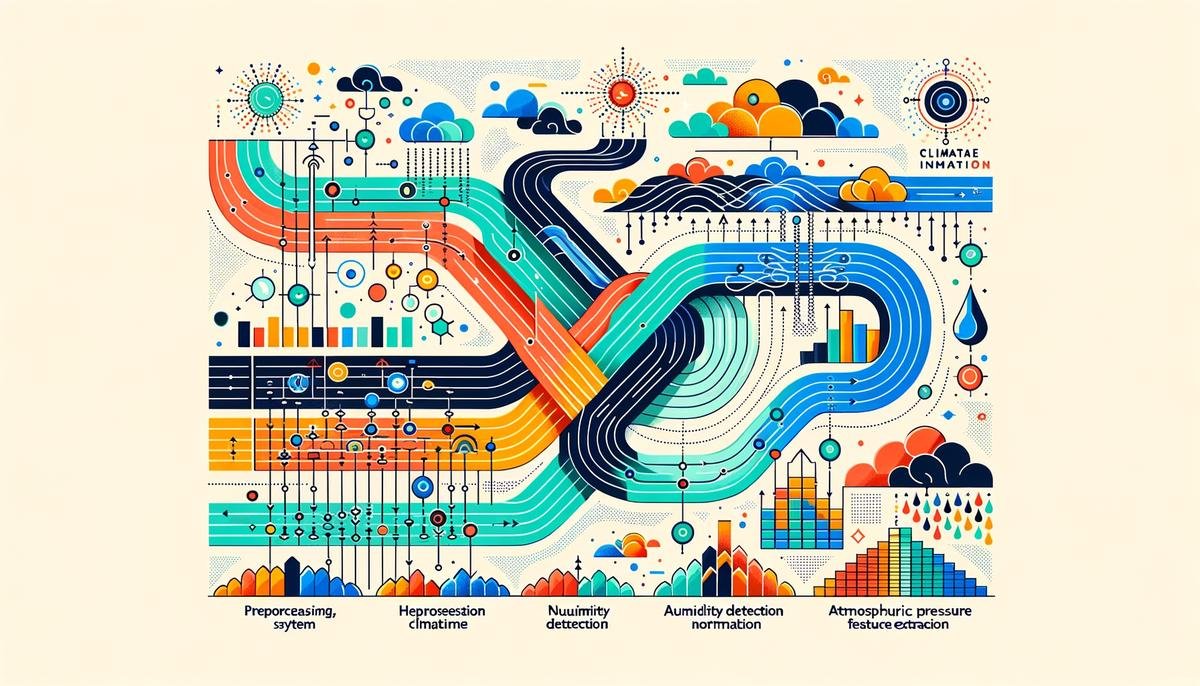 A visual representation of the data integration process, showing various climate data sources being processed and analyzed