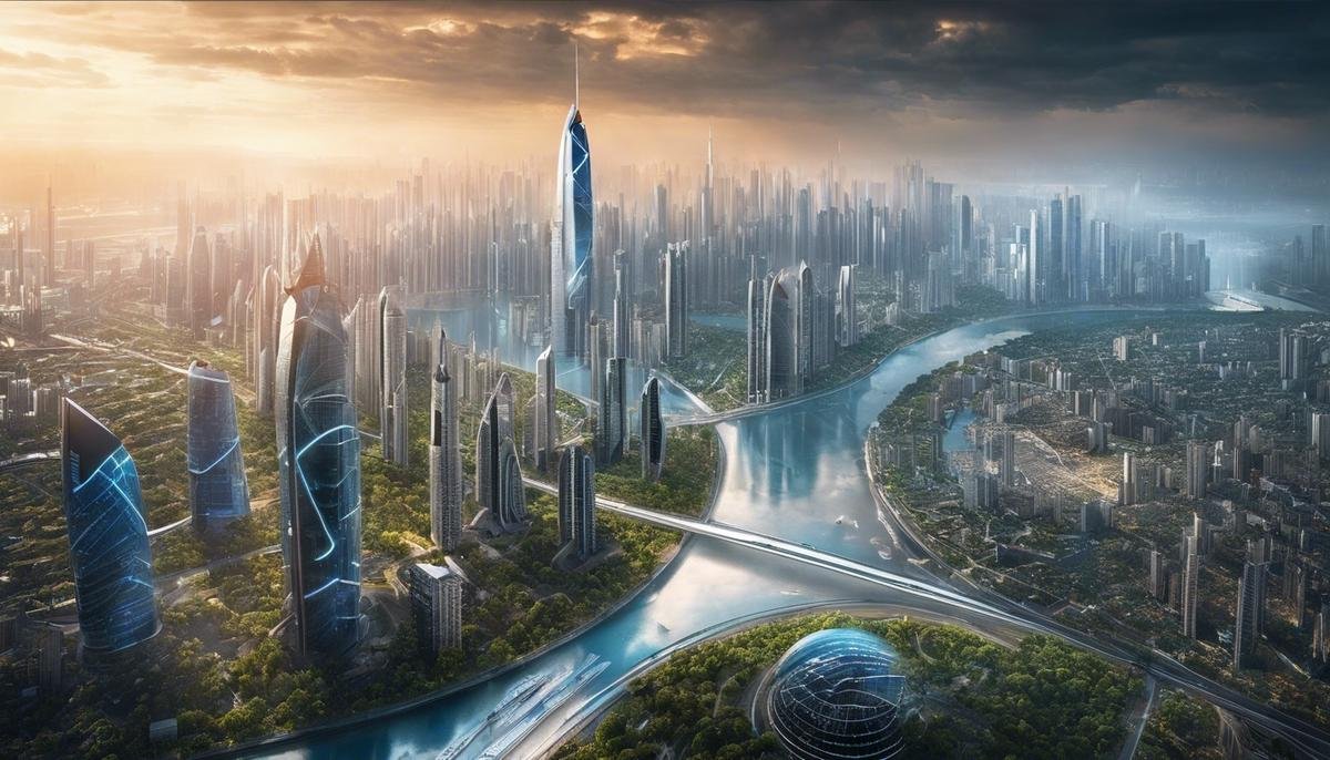 An image showing a futuristic city being protected from extreme weather events by an AI-powered climate prediction system.