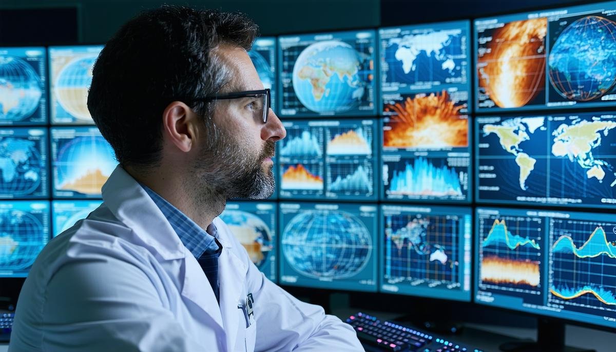 A climate scientist looking pensively at complex climate models displayed on multiple screens, symbolizing the challenges in climate prediction