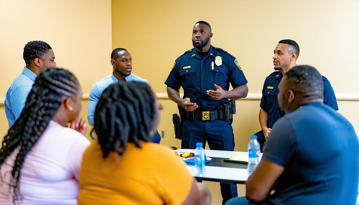 A diverse group of community members and police officers engaged in a discussion about gunshot detection technology