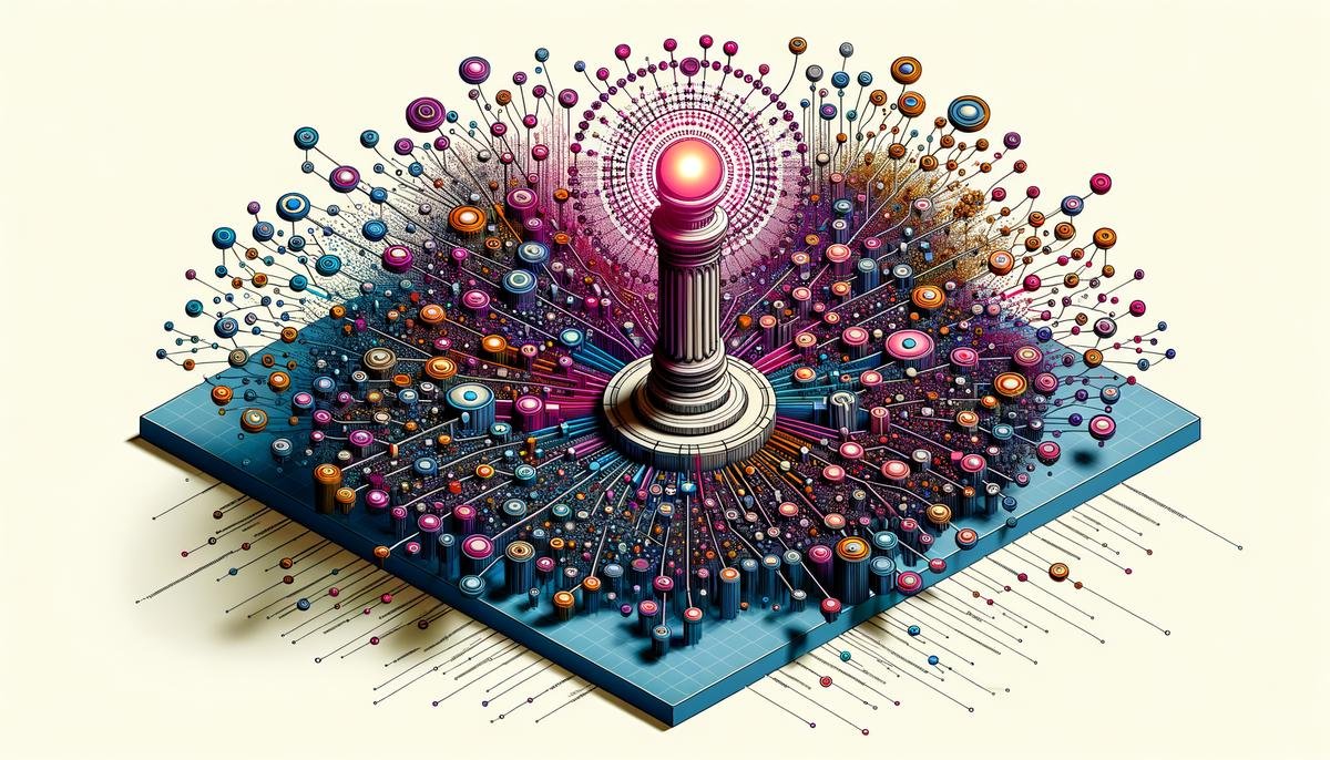 A 3D map of interconnected content clusters with a central pillar and branching subtopics