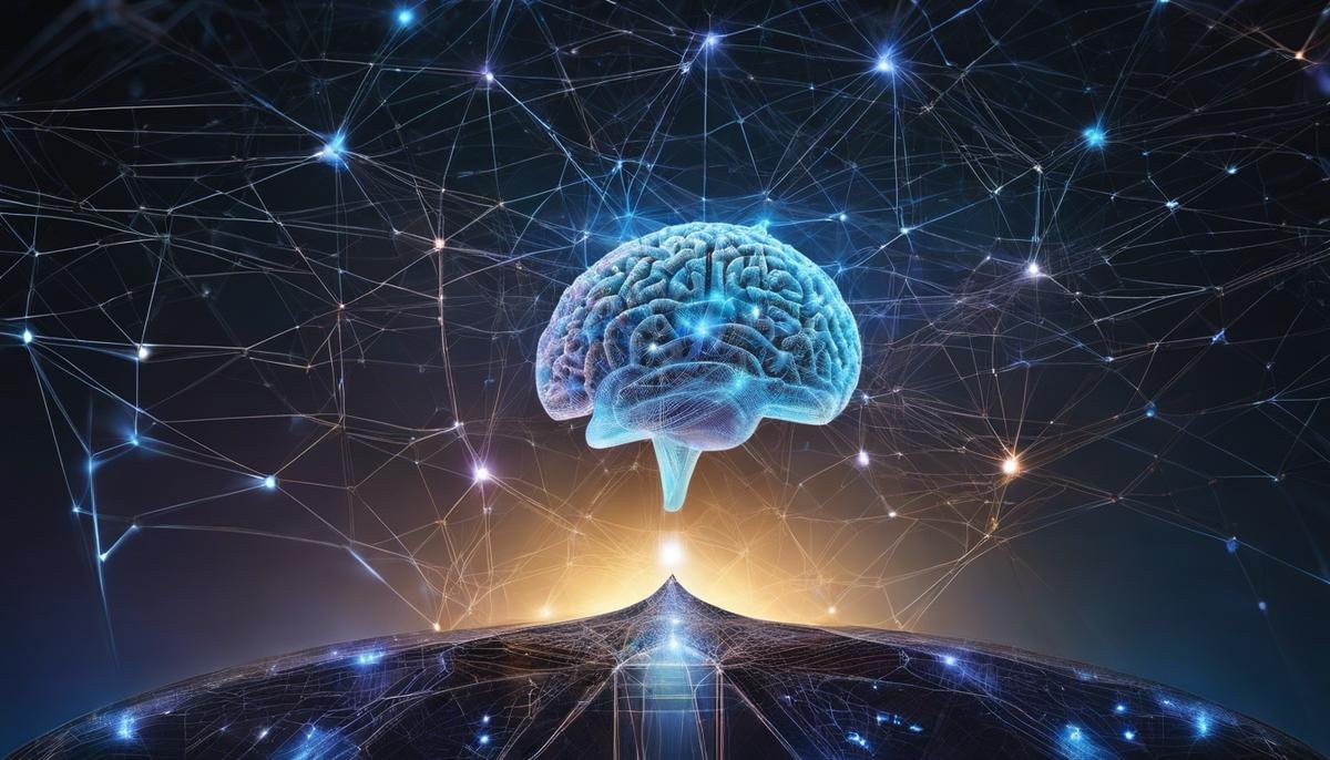 Conceptual image representing the core principles of AI in data analytics, depicting interconnected layers of nodes mimicking the human brain's architecture.