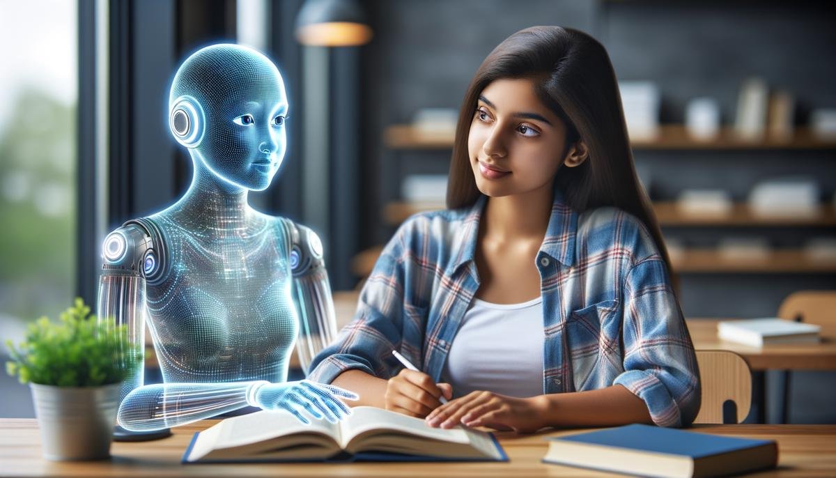 A student interacting with a holographic Coursera Coach AI, displaying personalized feedback and course recommendations