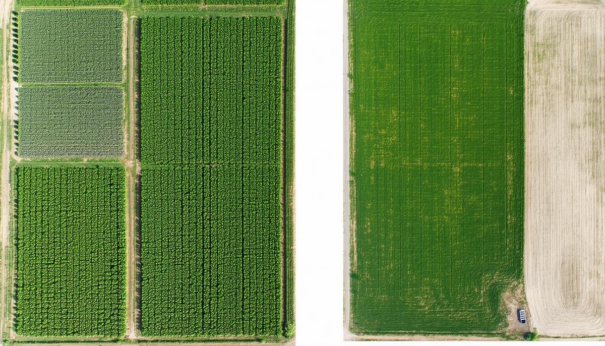 A split-screen view of satellite imagery and drone footage of crop fields