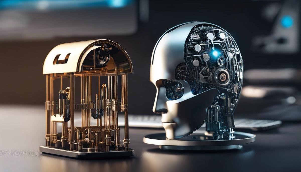 Image representing the ethical implications of employing AI in cybersecurity efforts, showing a balance between a padlock and a human brain.
