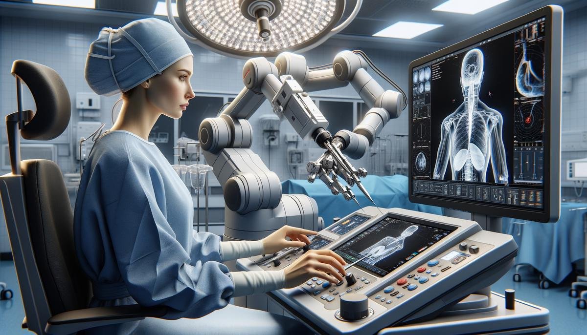 A surgeon operating the da Vinci Xi robotic surgery system, with the robotic arms performing a minimally invasive procedure