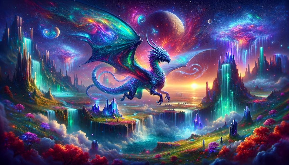 A whimsical and imaginative fantasy scene generated by DALL-E 2, featuring a majestic dragon soaring over a mystical landscape with floating islands and glowing crystals, showcasing the AI's ability to create stunning and coherent visuals from textual descriptions.