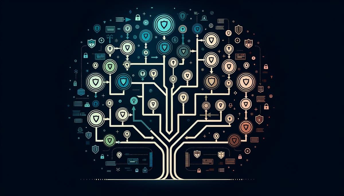 A stylized decision tree diagram illustrating how machine learning algorithms classify cyber threats