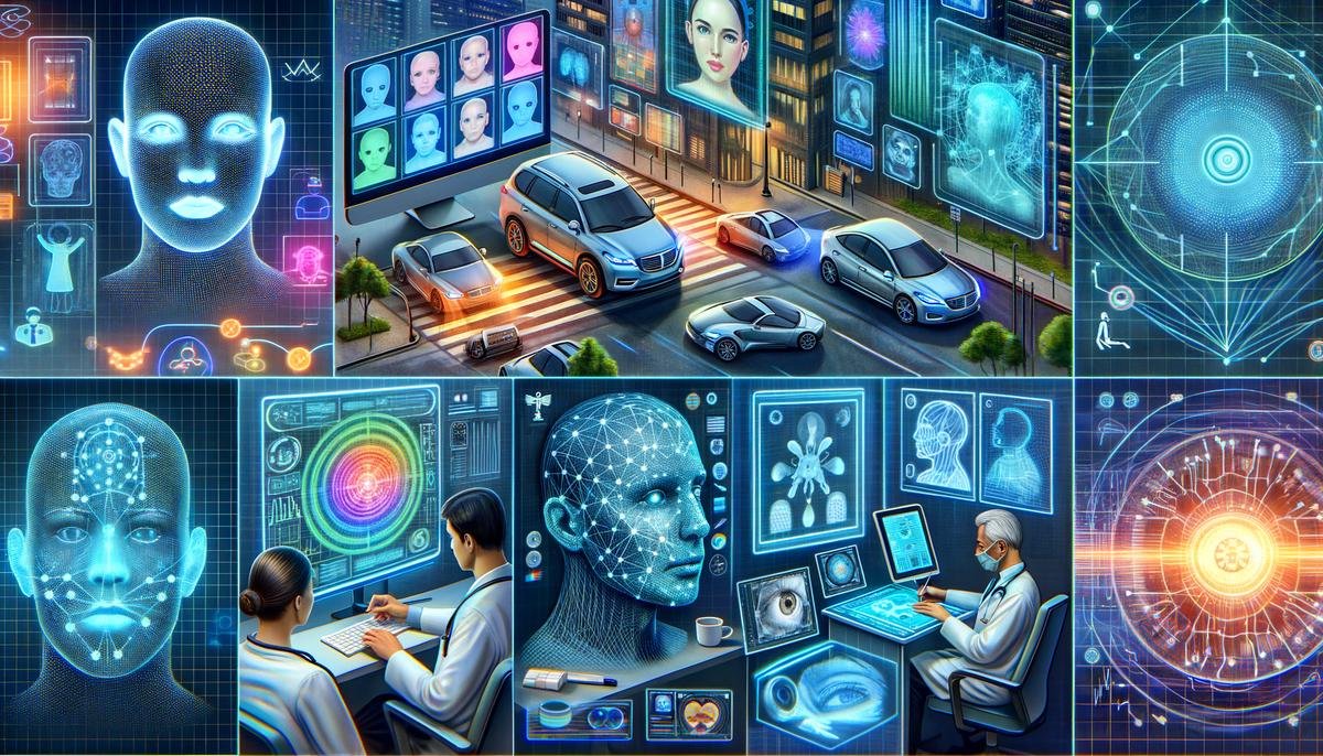 A collage showing various applications of deep learning including image recognition, autonomous vehicles, and medical diagnosis