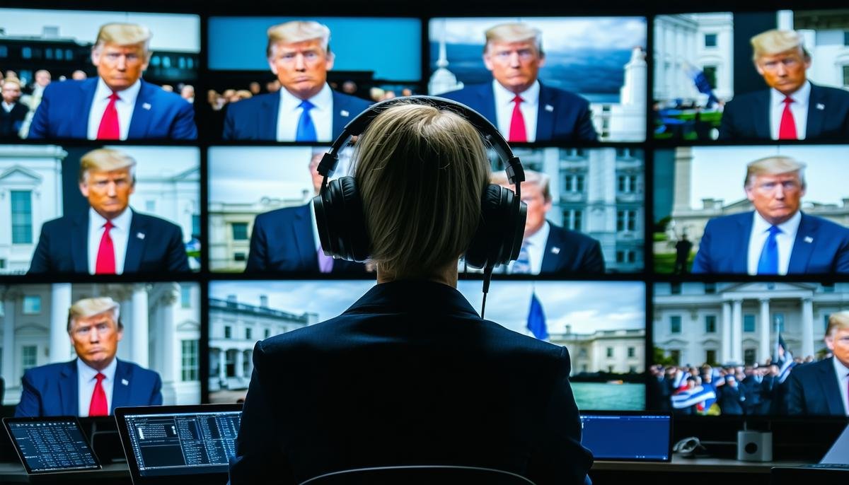 A person trying to distinguish between real and AI-generated political content on multiple screens