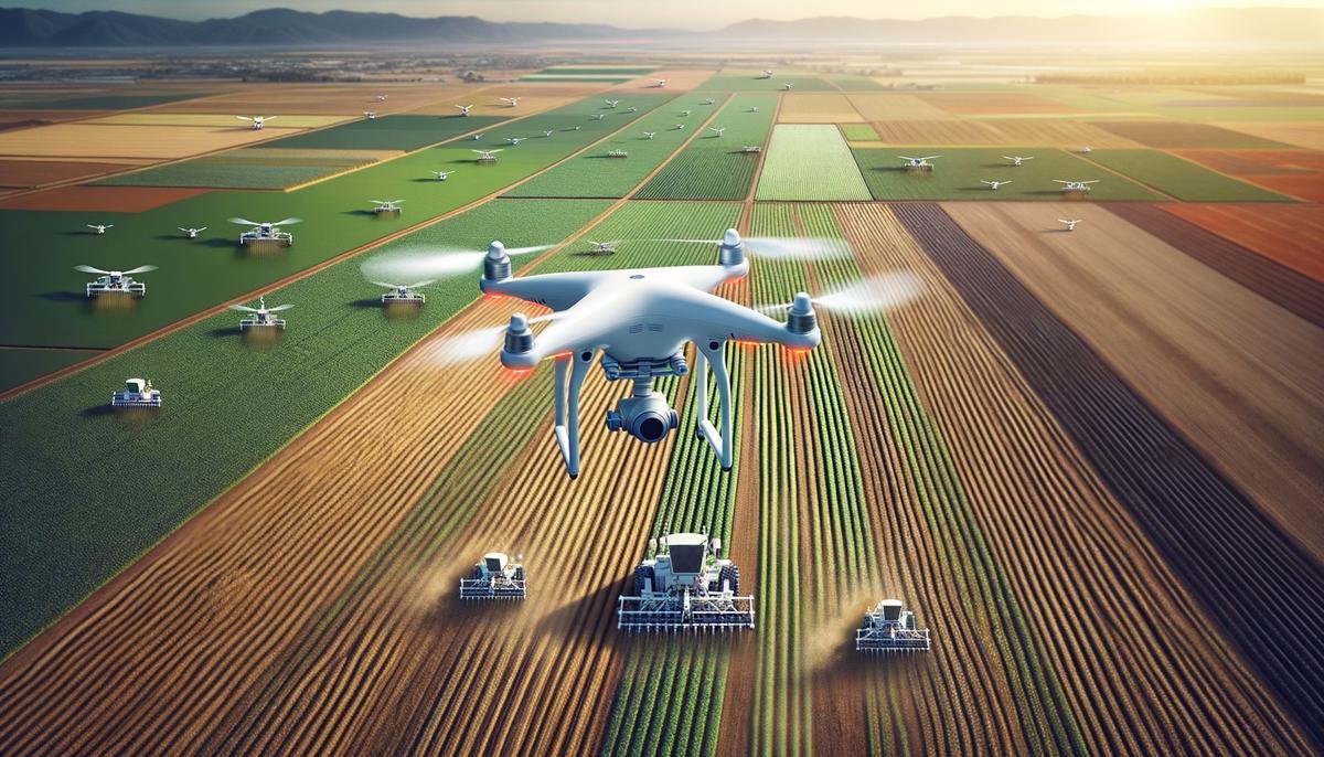 Aerial view of a drone flying over a farm field with robotics assisting in planting and harvesting crops