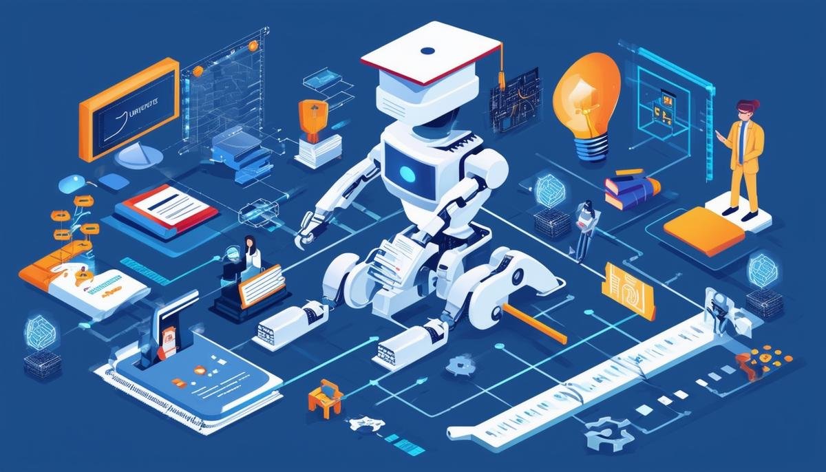An illustration depicting various educational pathways and resources for aspiring professionals in the field of robotics and AI, including university degrees, professional certifications, online courses, research programs, and vocational training.