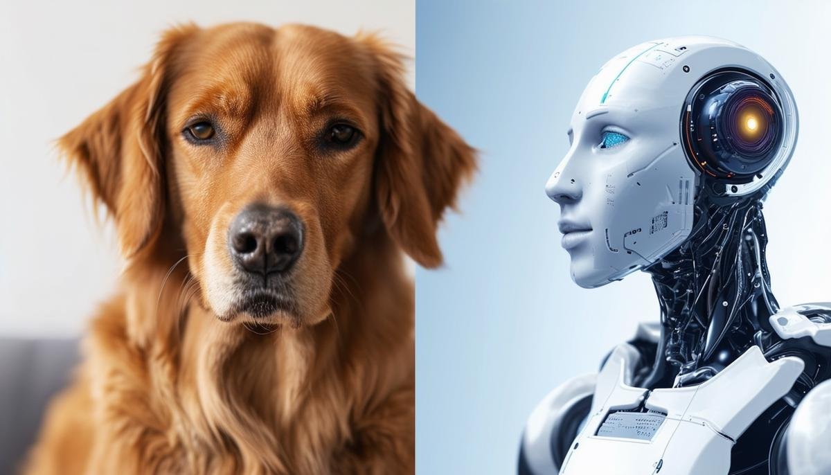 A split image comparing an emotional support animal (a dog) with an AI emotional support system, highlighting their unique features and benefits