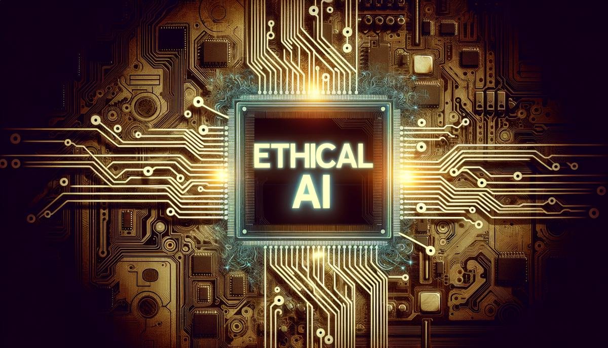 Image of computer chips intertwined with the words 'ethical AI' in bold, illustrating the concept of ethical artificial intelligence development