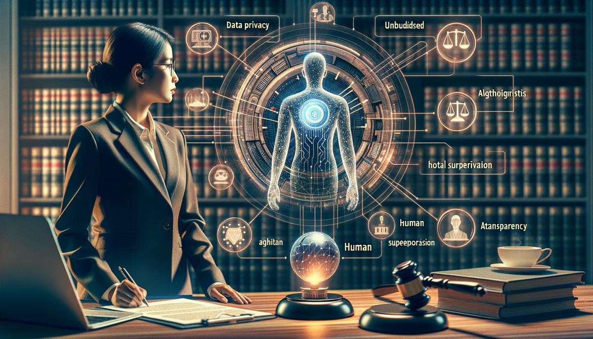 An image depicting the importance of ethical and responsible AI usage in legal research, with a focus on data privacy, mitigating bias, and ensuring human oversight.