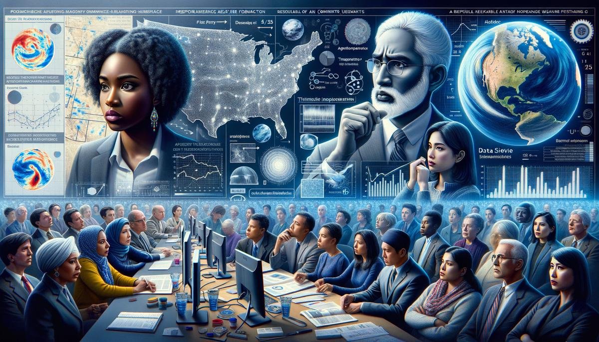 An image representing the challenges and ethical considerations of AI in weather forecasting, such as data privacy, energy consumption, transparency, accountability, and the need for human oversight.