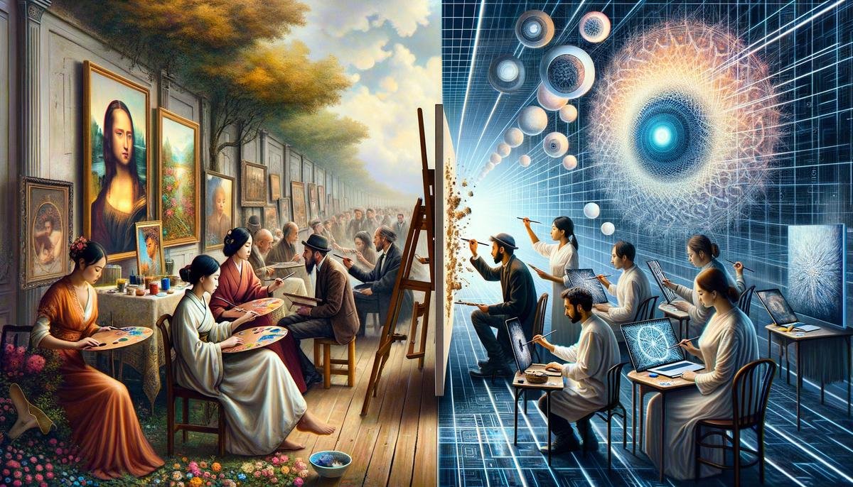 A thought-provoking scene depicting the ethical considerations of AI in art, showing both human artists and AI systems creating artwork side by side