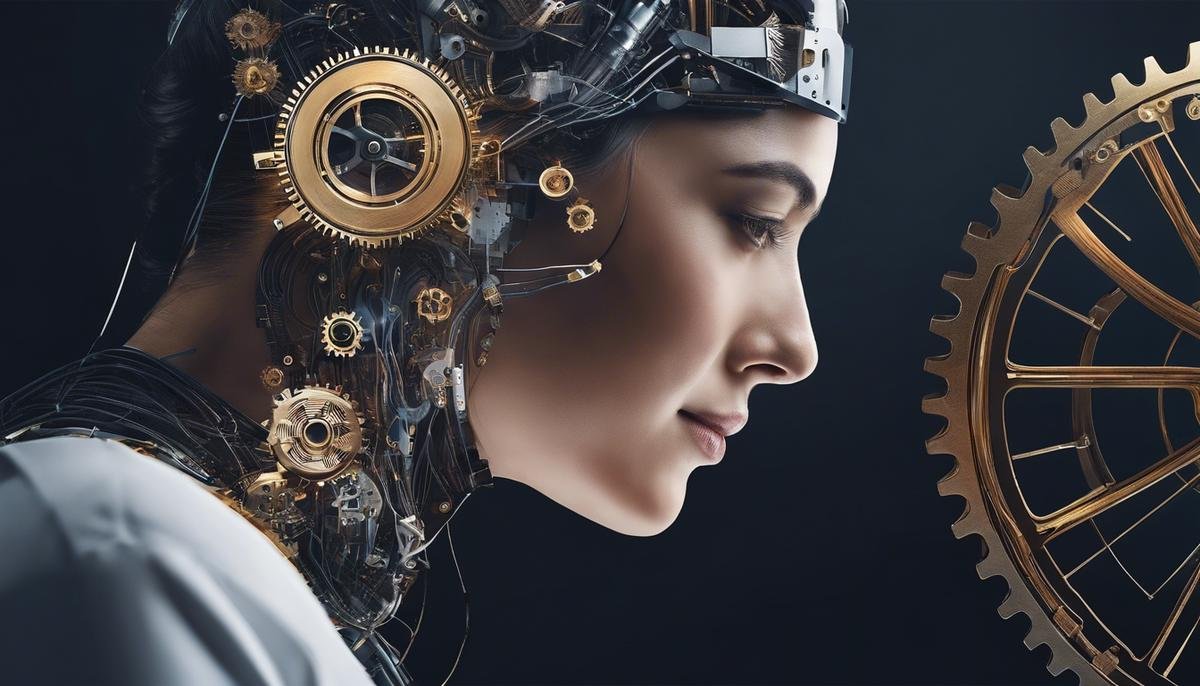 An image illustrating the ethical implications of AI in the workplace, showing interconnected lines and gears representing the complex relationship between technology and human values.