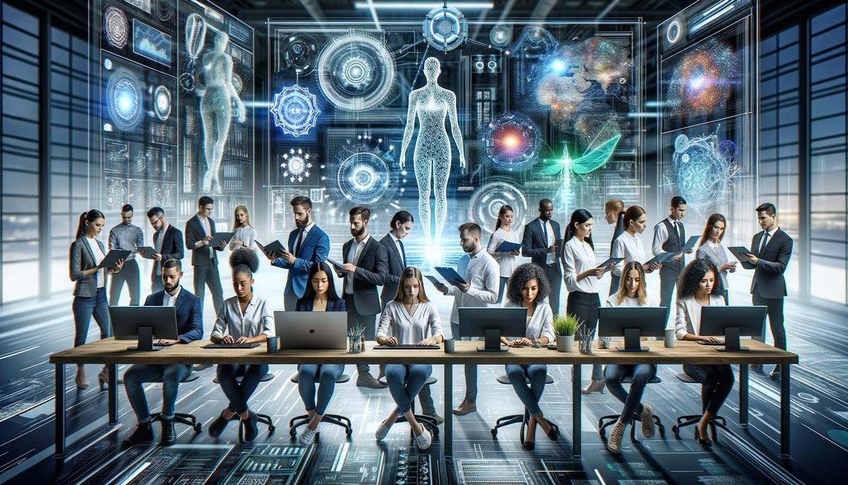 An image showing a group of diverse people working together on a futuristic AI project